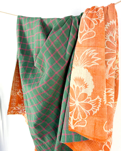 Large Fine Stitched Vintage Kantha Quilt in Orange and Green