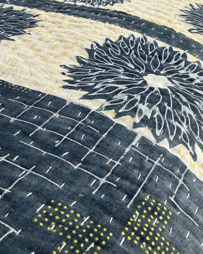 Large Square Kantha Floor Cushion Cover In Blue and Purple Stripe