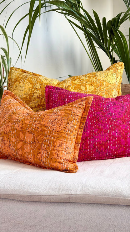 Sunshine Yellow Floral Block Printed Hand Stitched Rectangular Kantha Cushion - Biggs & Hill