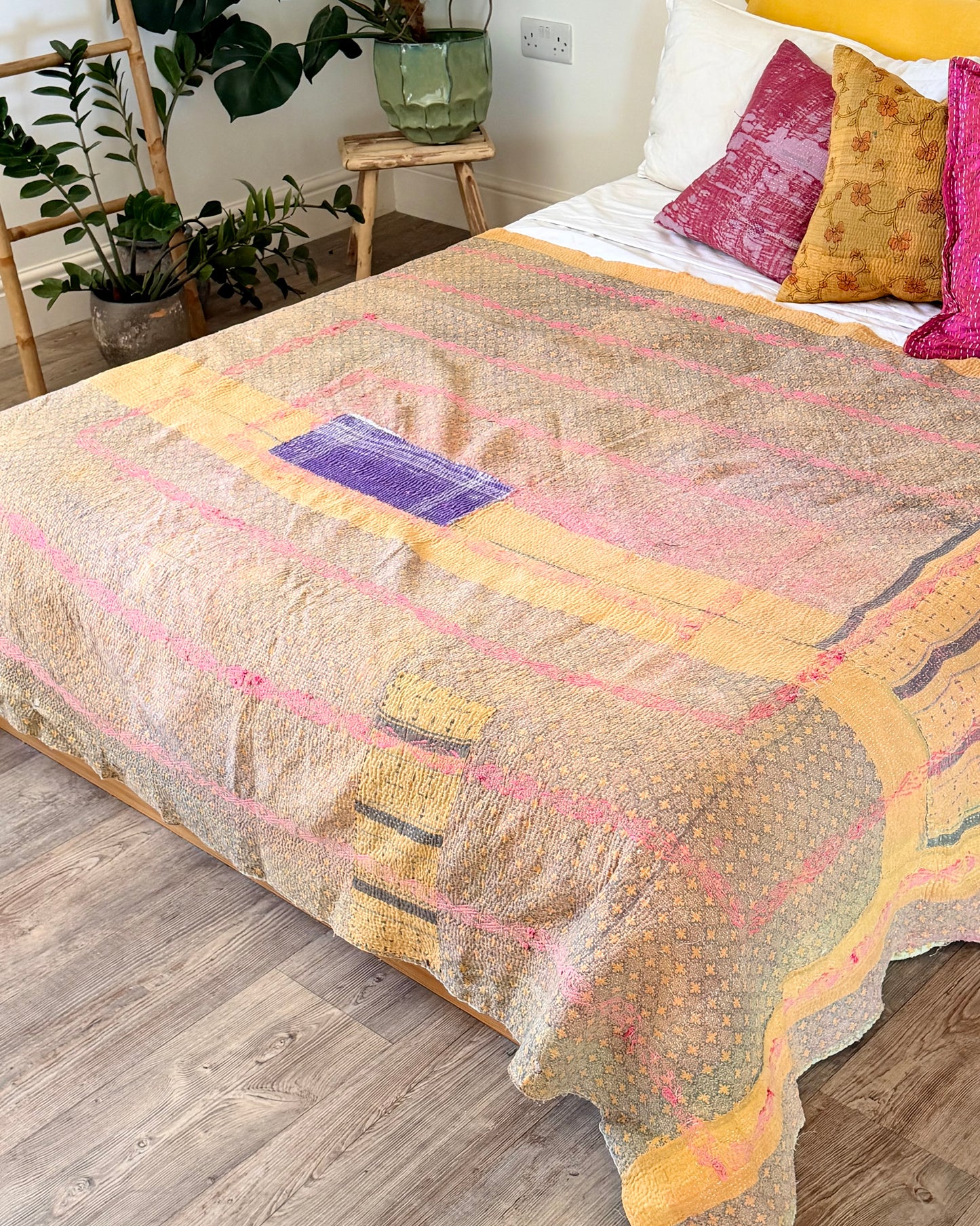 Embroidered Vintage Kantha Quilt in Yellow, Pink and White
