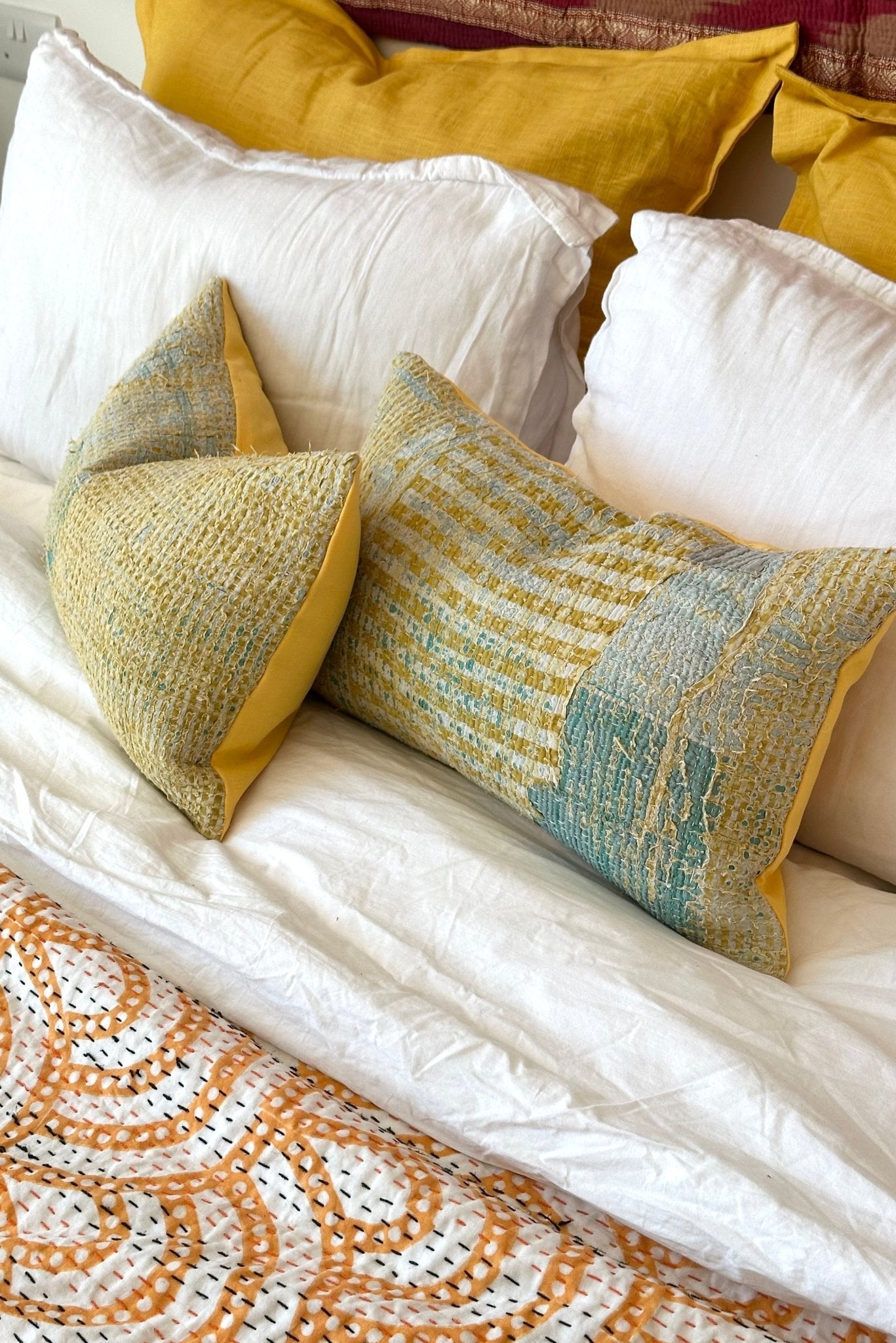 Vintage Kantha Cushion In Yellow 03 - Small Rectangular - Biggs & Hill