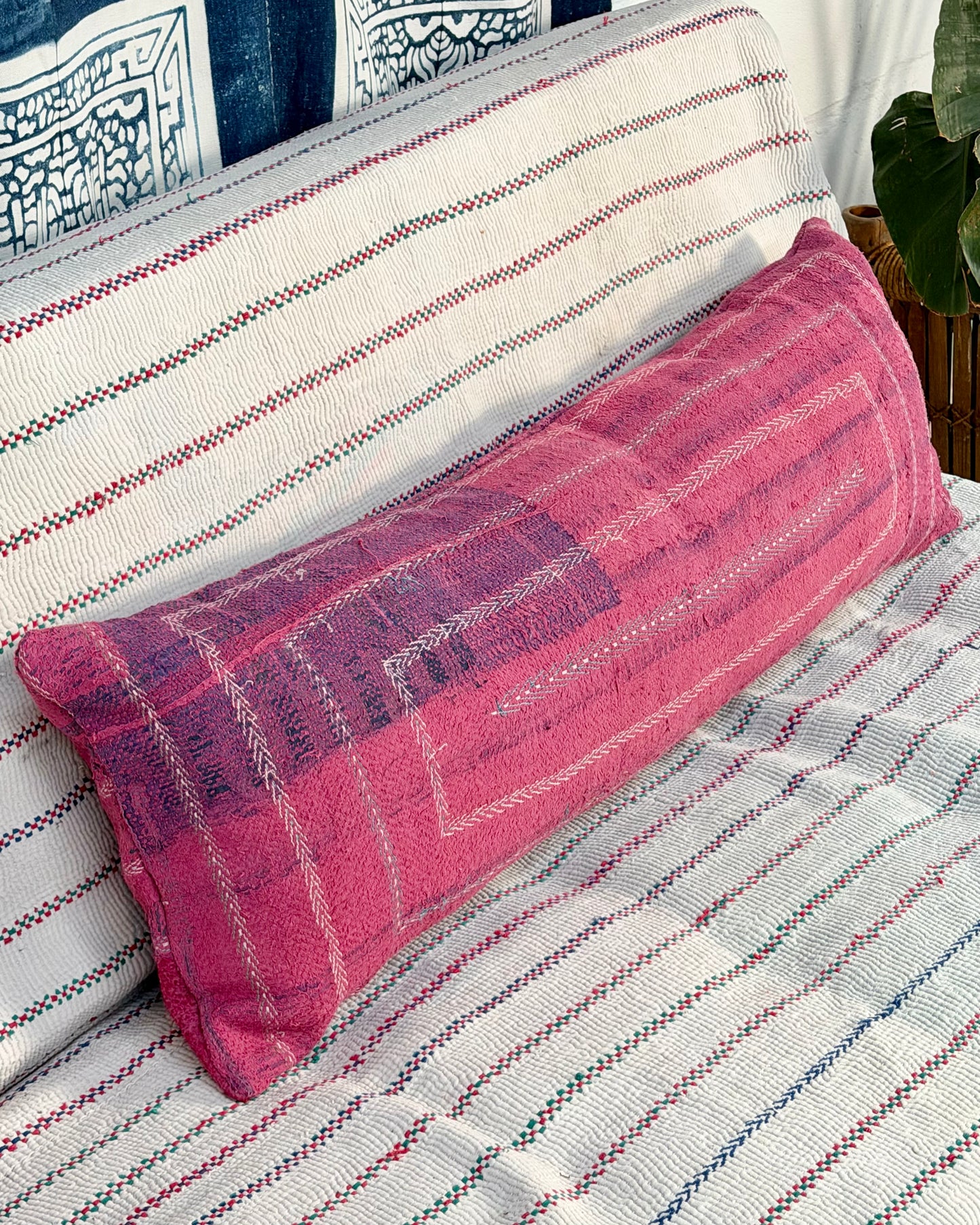 Vintage Kantha Bolster Cushion Cover In Pink With Embroidered Stripes - 100cm