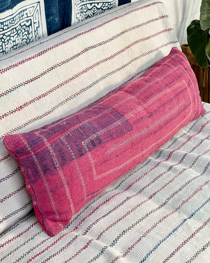 Vintage Kantha Bolster Cushion Cover In Pink With Embroidered Stripes - 100cm
