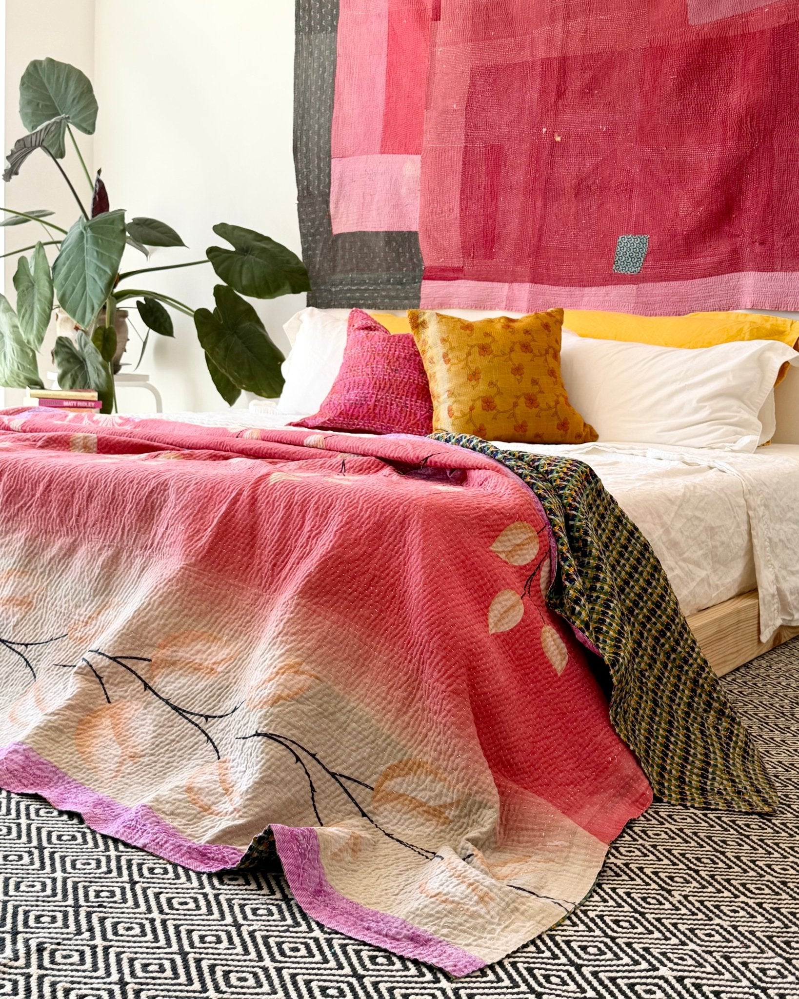 Extra Large Fine Stitched Vintage Kantha Quilt in Pink Floral, Yellow and Blue - Biggs & Hill