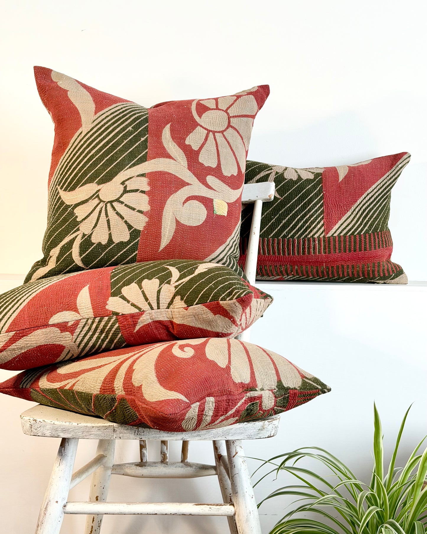 Vintage Kantha Cushion In Forest Green and Pink - Small Rectangular