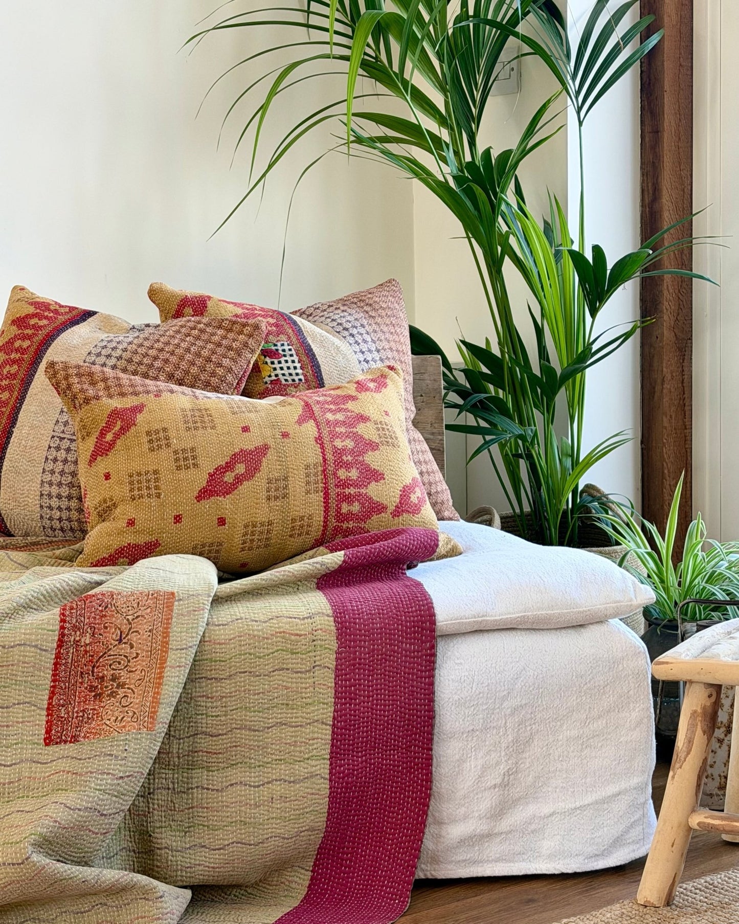 Handmade Vintage Kantha Cushion In Mustard Yellow And Red - Large Rectangular - Biggs & Hill