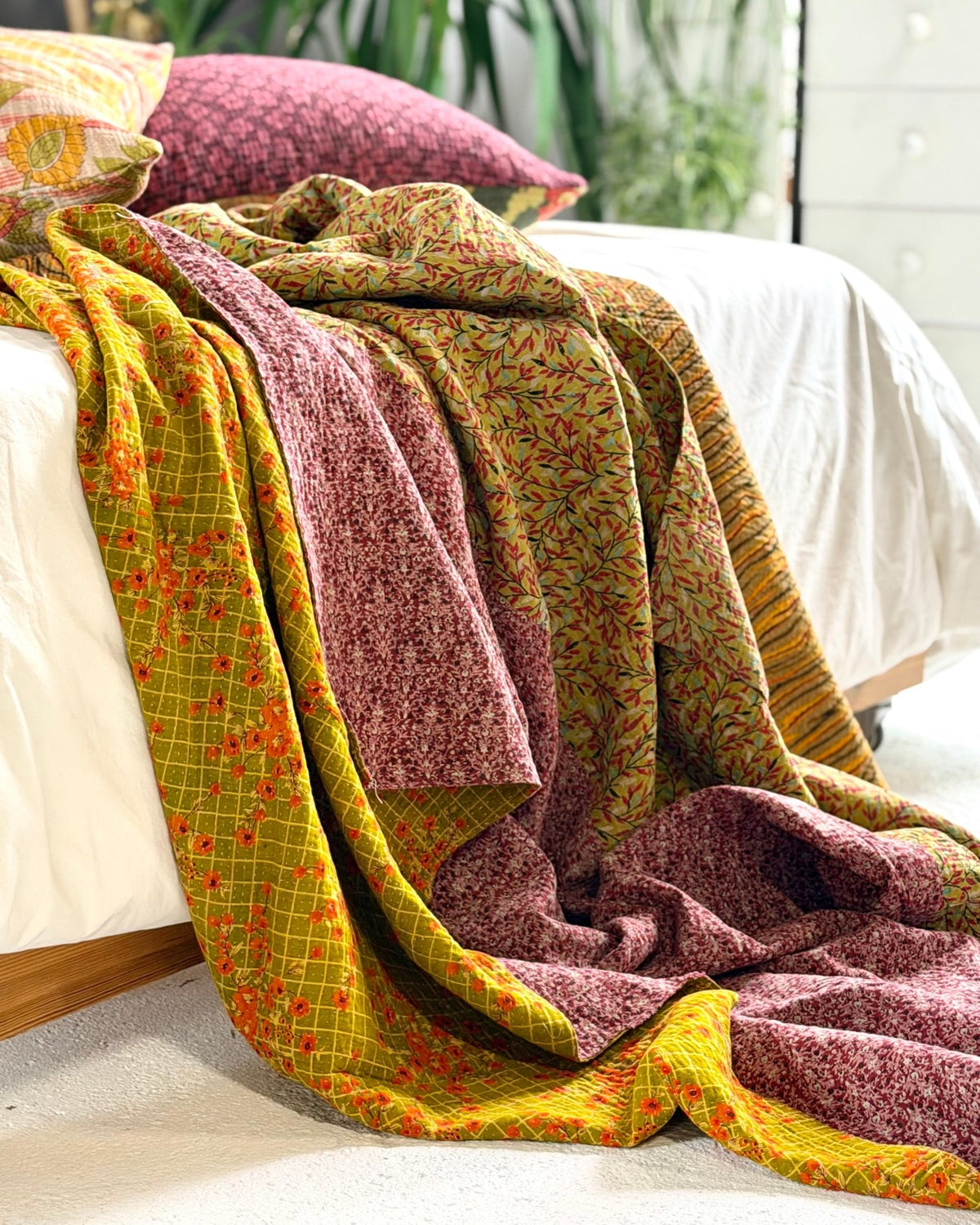 Fine Stitched Vintage Kantha Quilt in Pink, Yellow and Mustard - Biggs & Hill