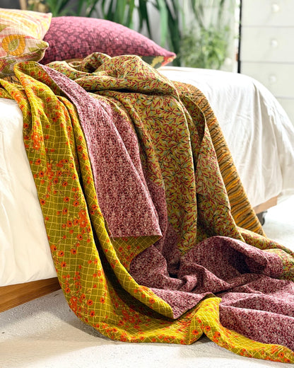 Fine Stitched Vintage Kantha Quilt in Pink, Yellow and Mustard - Biggs & Hill