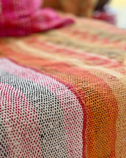 Heavy Kantha Blanket Quilt in Pink and Orange Stripe