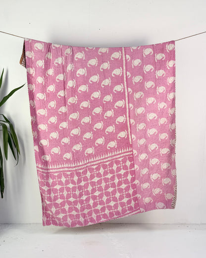 Vintage Cotton Kantha Quilt In Pink and Beige Floral #52