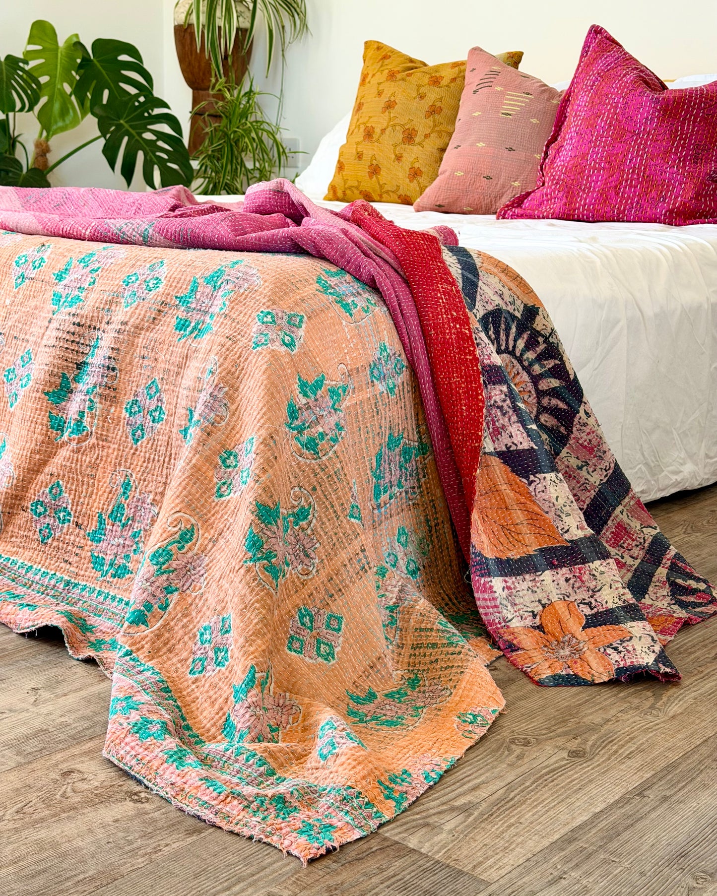 Large Textured Vintage Kantha Quilt in Pink and Blue Patterns