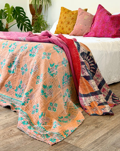 Large Textured Vintage Kantha Quilt in Pink and Blue Patterns