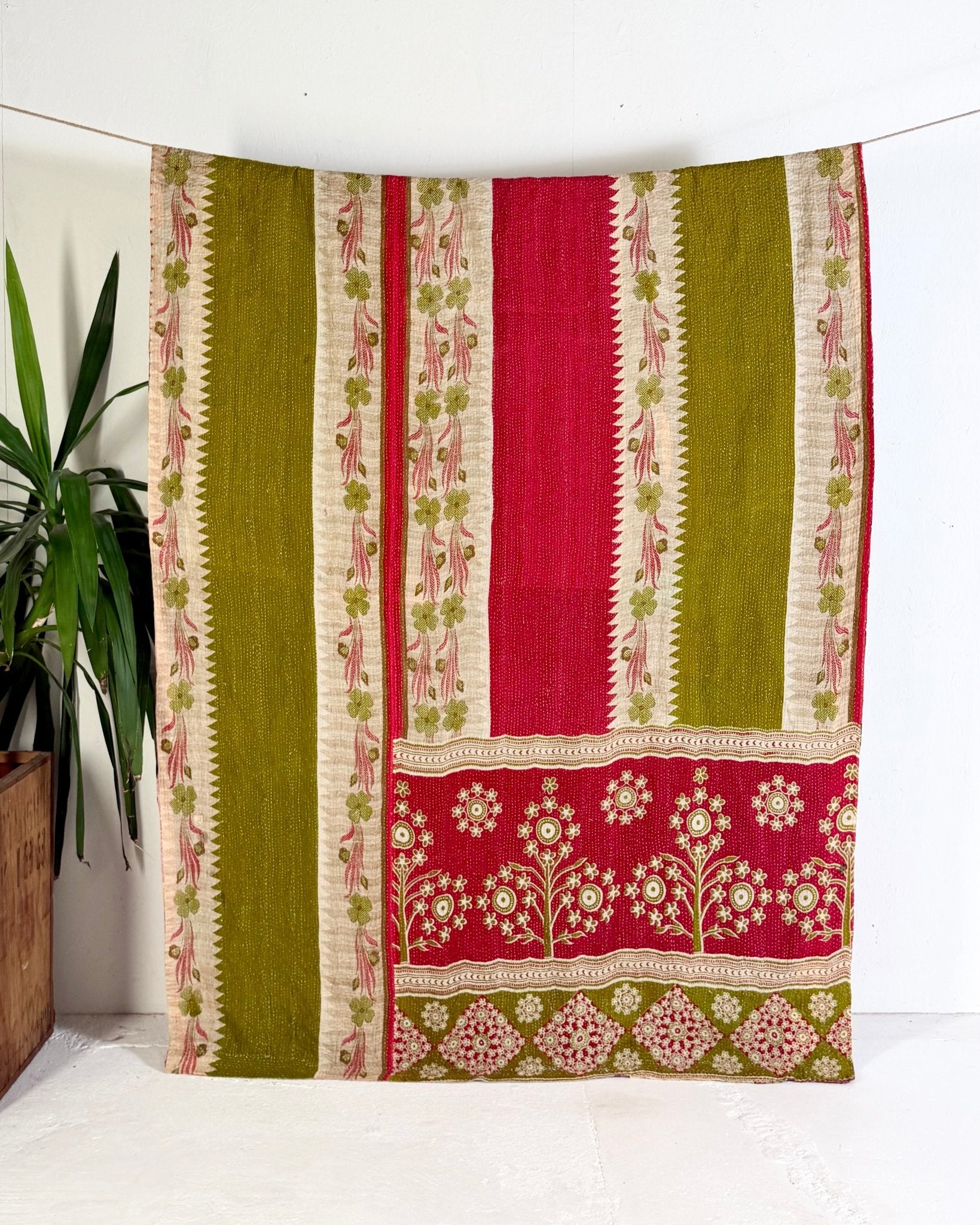 Large Fine Stitched Vintage Kantha Quilt in Pink, Green and Purple Florals - Biggs & Hill