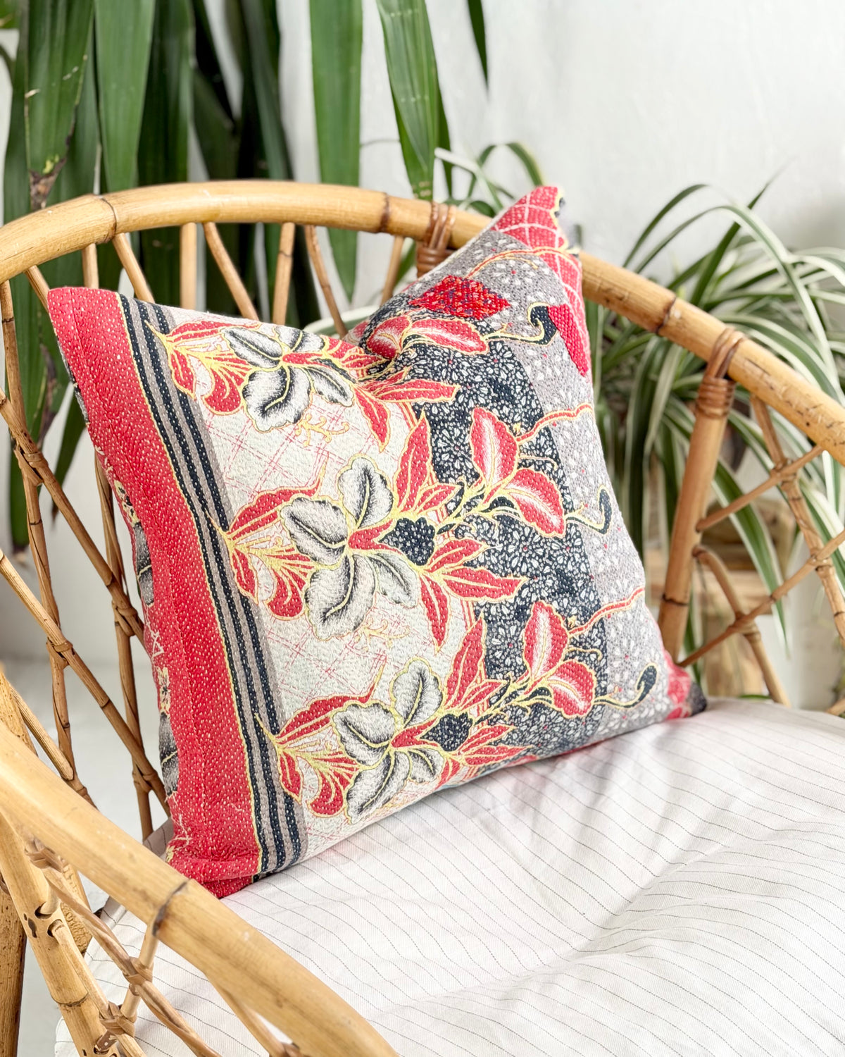 Handmade Vintage Kantha Cushion Cover In Red and Blue - 45cm (18") Square