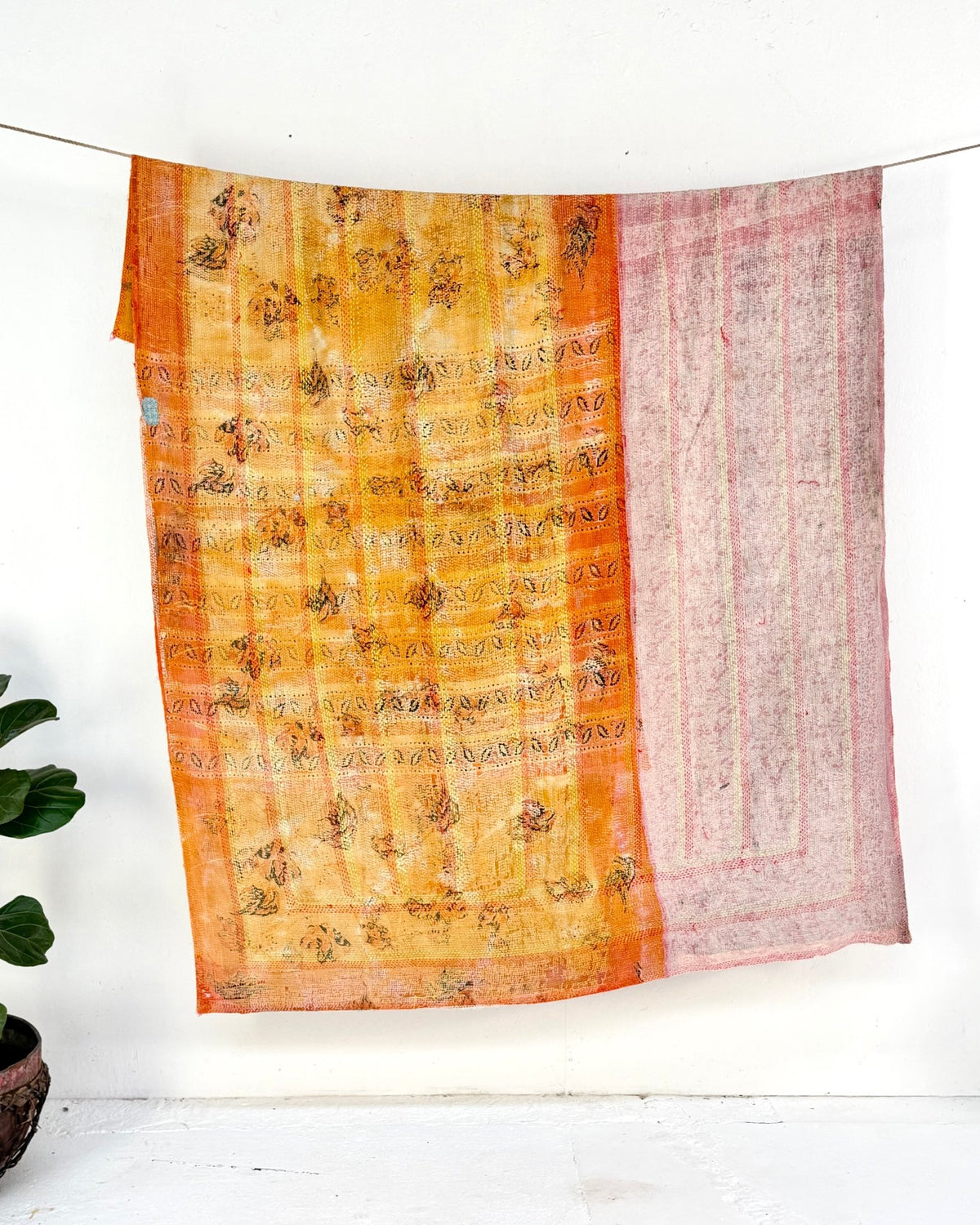 Embroidered Vintage Kantha Quilt in Yellow and Pink - Biggs & Hill