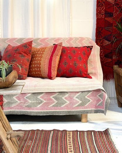 Handmade Vintage Kantha Cushion Cover In Orange and Pink - 45cm (18") Square - Biggs & Hill