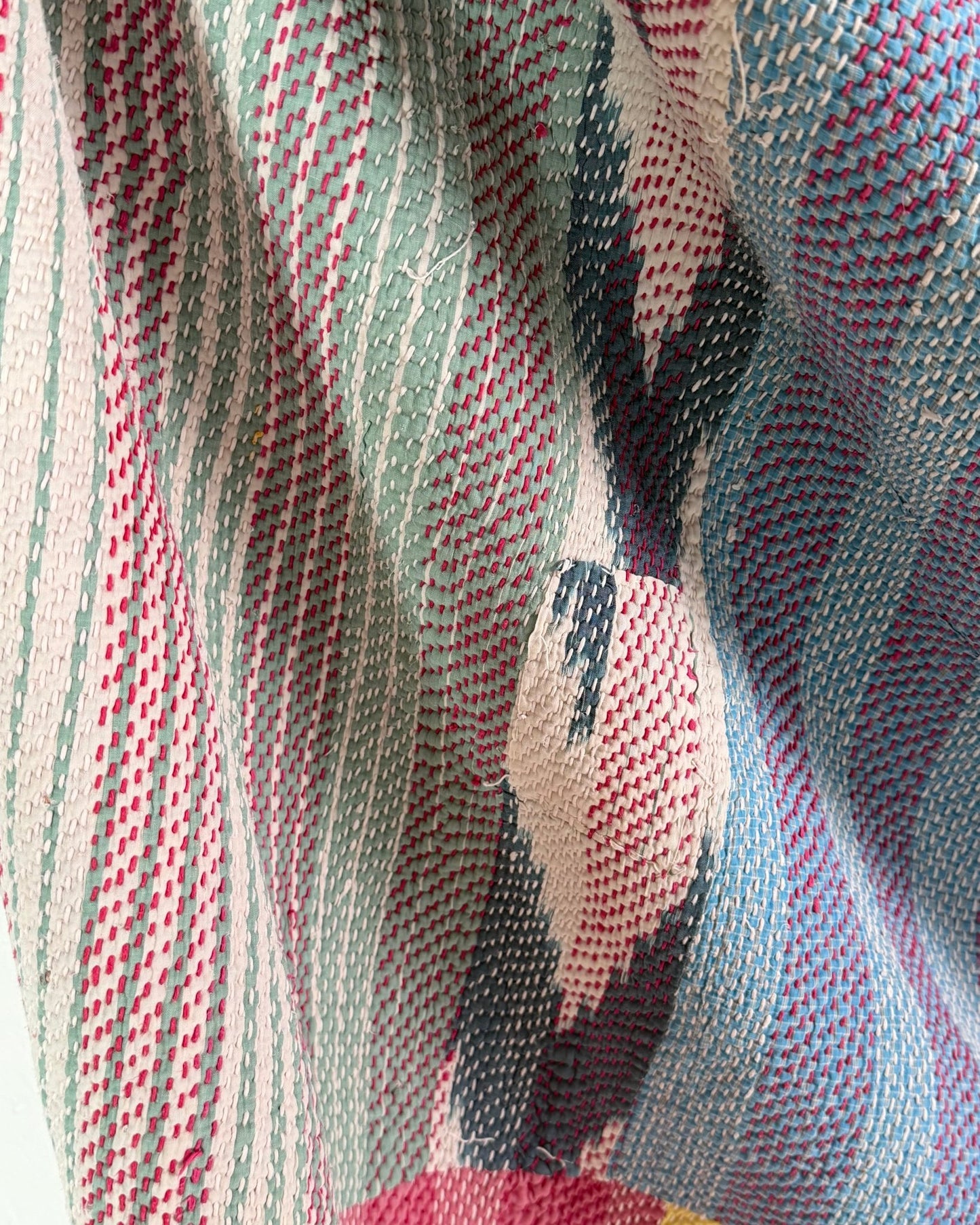 Heavy Kantha Blanket Quilt In Orange, Pink and Blue Colour Blocks - Biggs & Hill