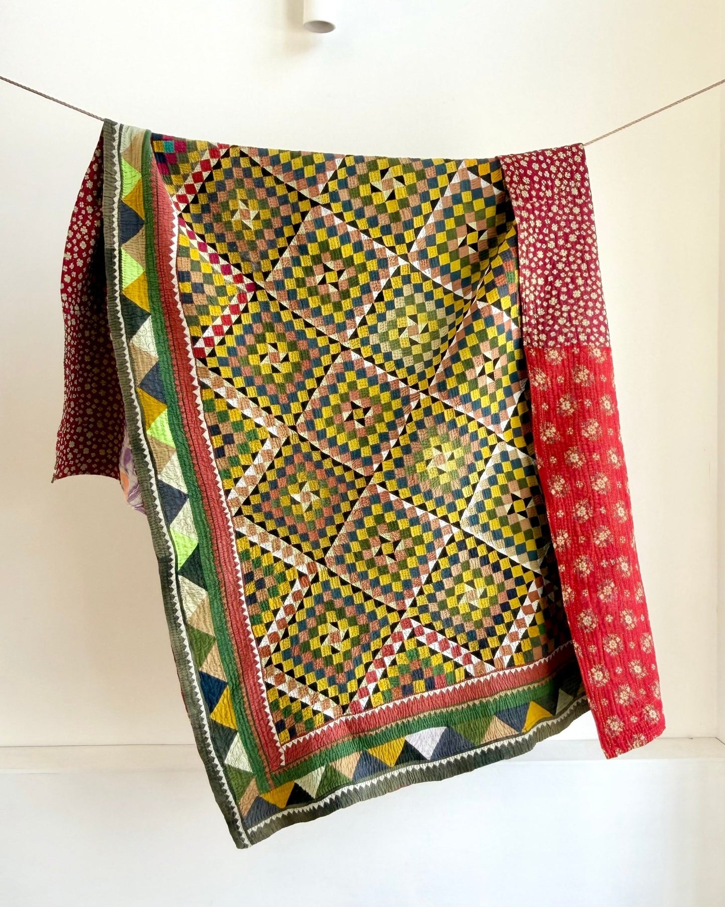 Vintage Embroidered Patchwork Ralli Quilt in Shades of Green - Biggs & Hill