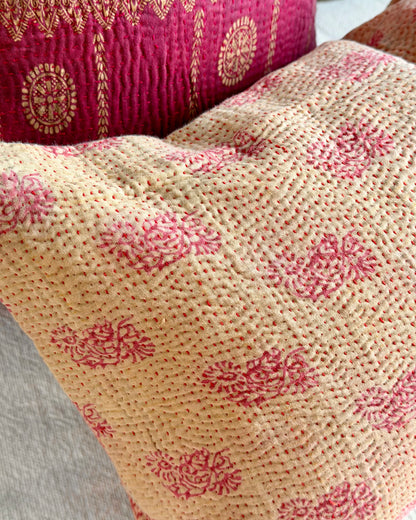 Vintage Kantha Cushion In Pink and Beige - Small Rectangular