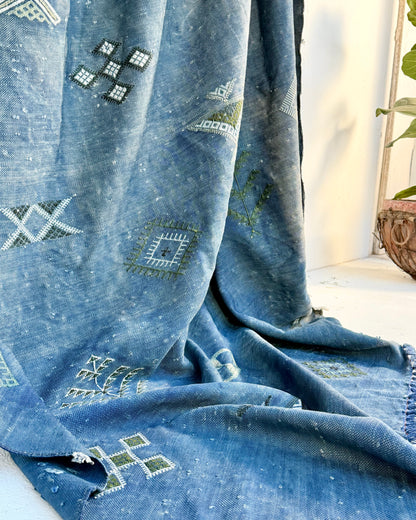 Enormous Hand Woven Moroccan Bedcover Made  Indigo “Sabra Silk”