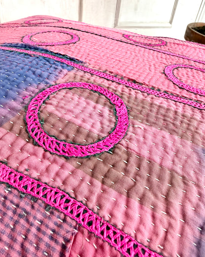 Large Square Kantha Floor Cushion Cover With Pink Circles