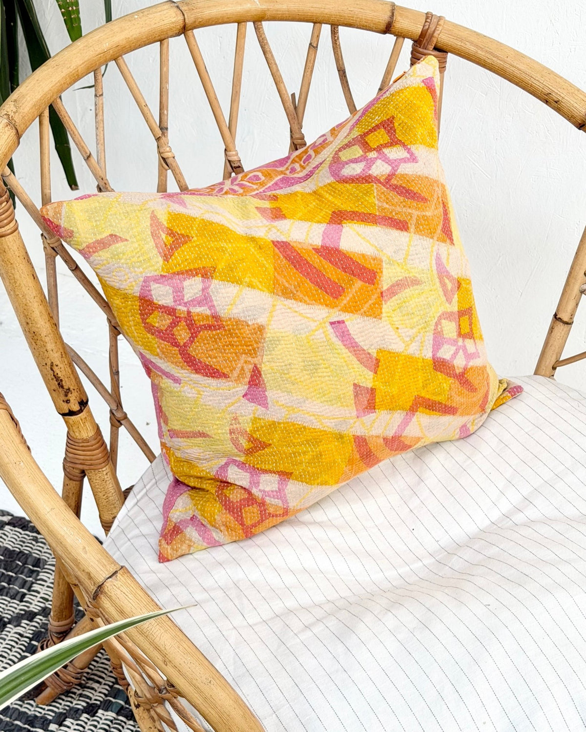 Handmade Reversible Vintage Kantha Cushion Cover In Pink and Yellow- 45cm (18") - Biggs & Hill