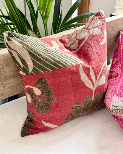 Vintage Kantha Cushion In Green and Pink- 45cm Square