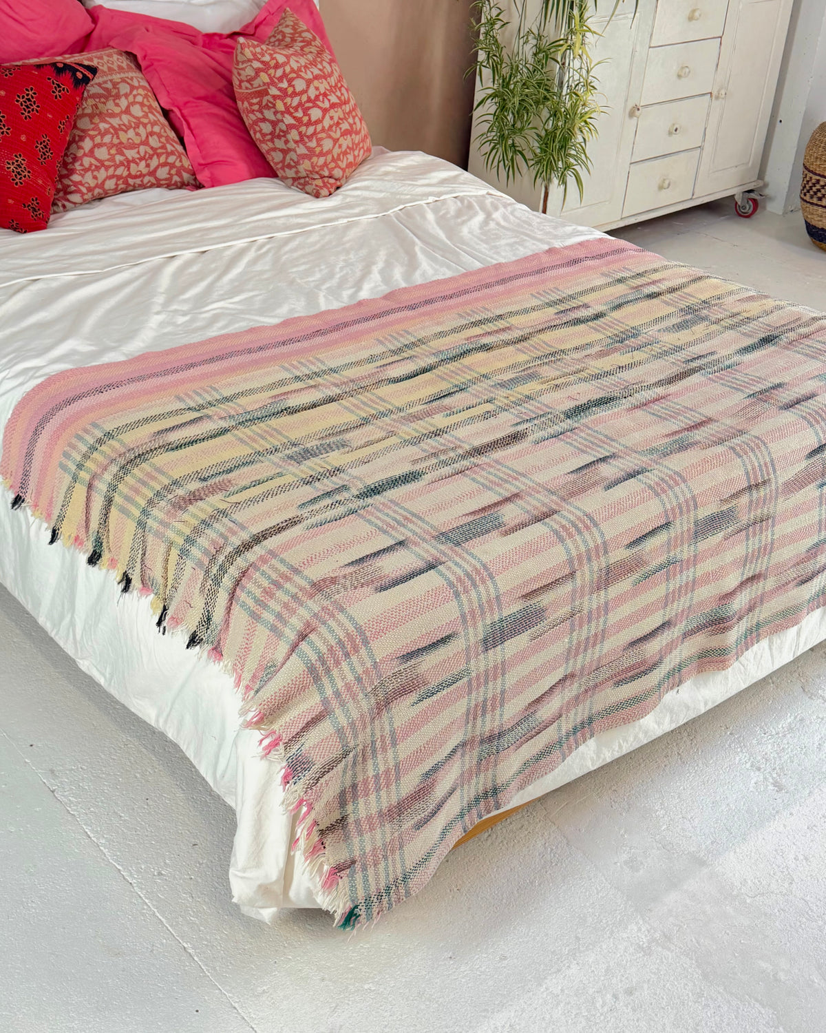 Striped Ikat Vintage Kantha Quilt in Light Pinks