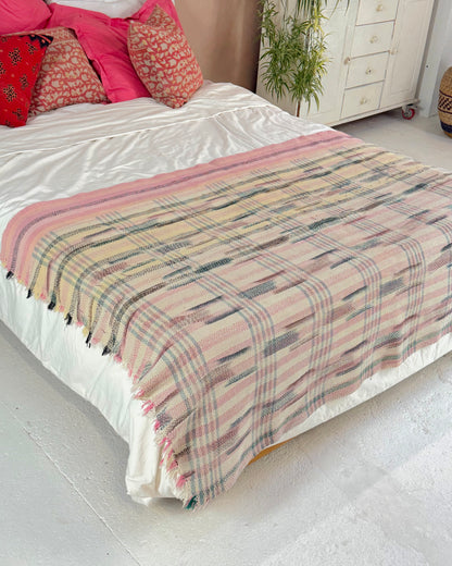 Striped Ikat Vintage Kantha Quilt in Light Pinks
