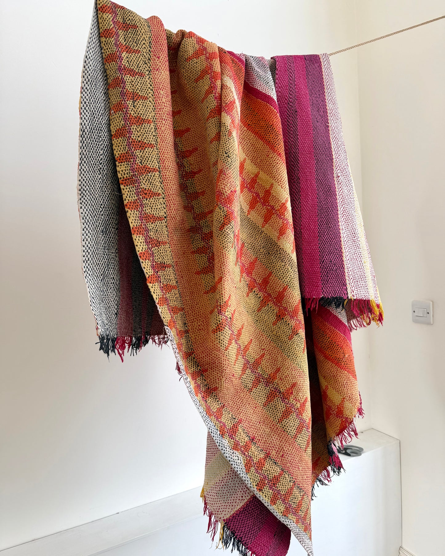 Heavy Kantha Blanket Quilt in Pink and Orange Stripe