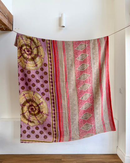 Fine Stitched Vintage Kantha Quilt in Super Soft Pink and Purple
