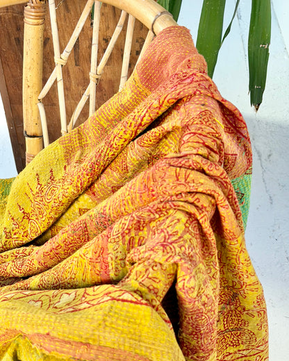 Extra Large Ajrakh Printed Vintage Kantha Quilt In Green-Gold