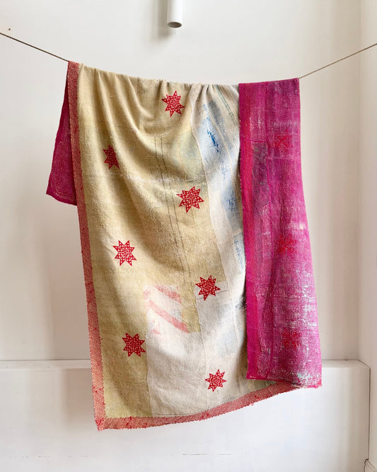 Large Star Embroidered Vintage Kantha Quilt in Off - White and Pink - Biggs & Hill