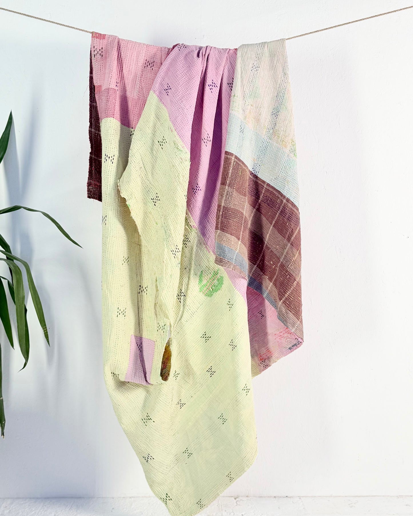 Project Kantha Quilt: Pink, Yellow and Green Patchwork With Authentic Aged Texture