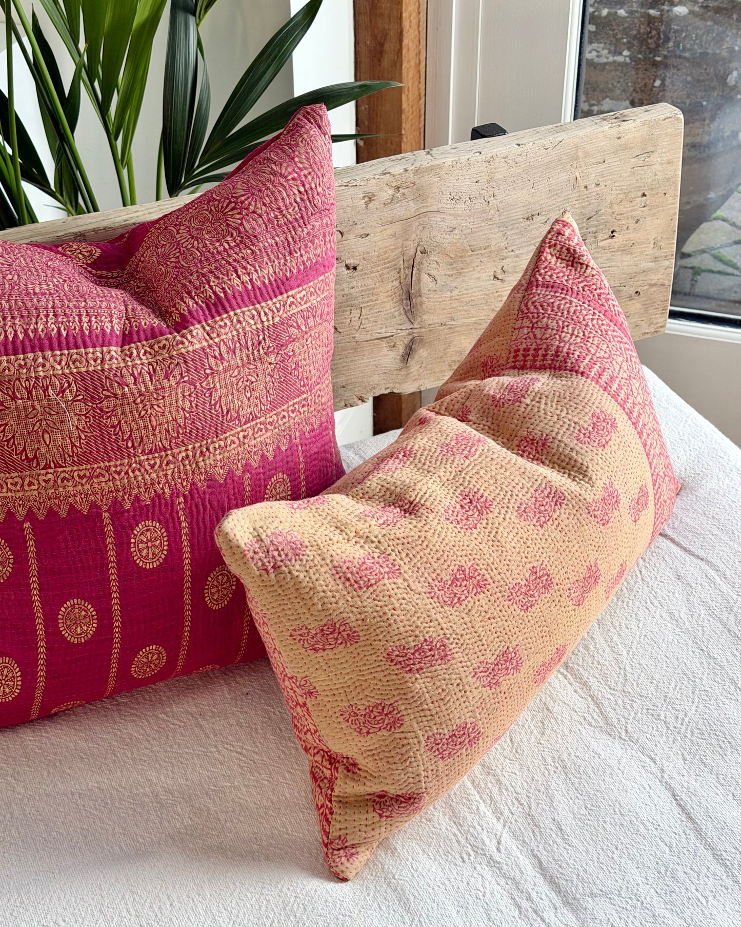 Vintage Kantha Cushion In Pink and Beige - Small Rectangular