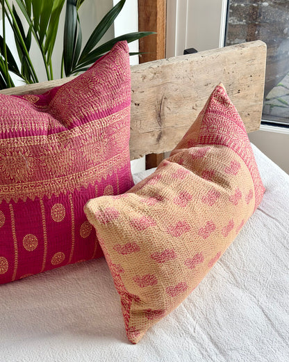 Vintage Kantha Cushion In Pink and Beige - Small Rectangular