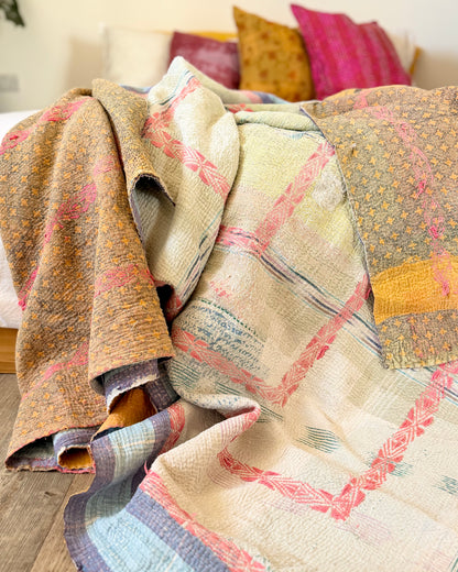 Embroidered Vintage Kantha Quilt in Yellow, Pink and White