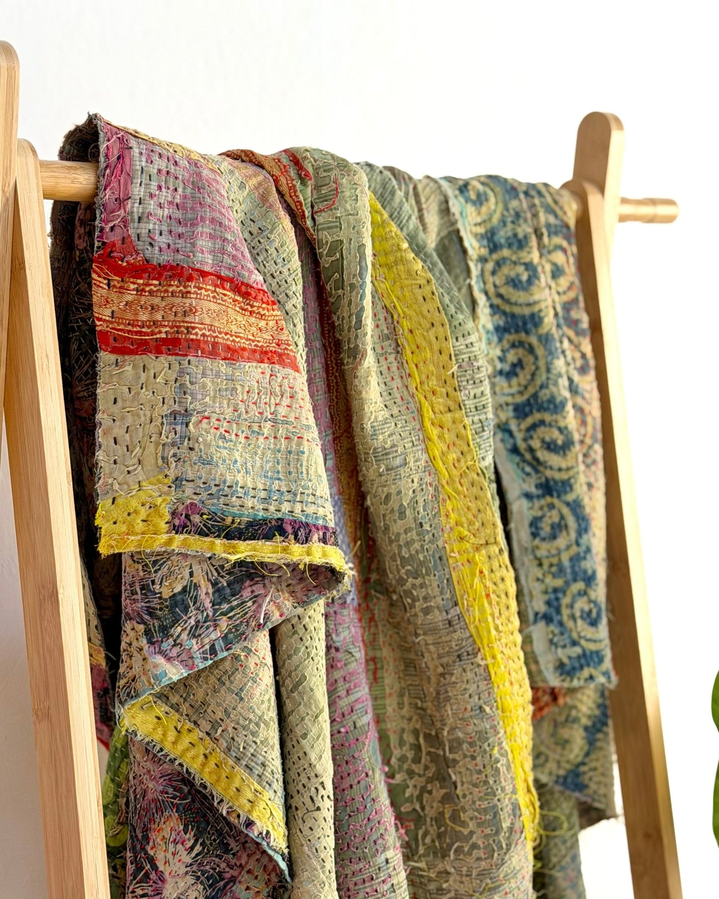 Textured Vintage Kantha Quilt In Green and Gold - Biggs & Hill
