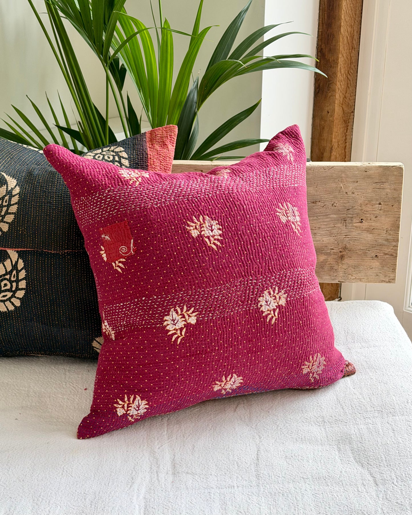 Vintage Kantha Cushion In Deep Pink - 45cm Square