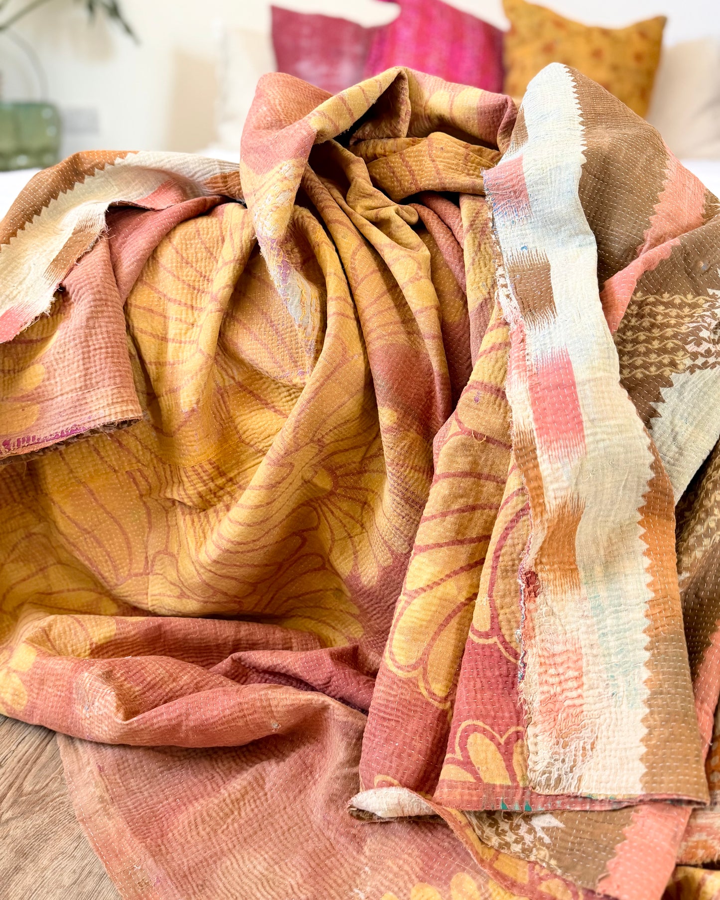 Large Fine Stitched Vintage Kantha Quilt in Peachy Pink Geometrics