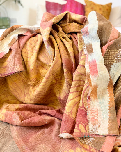 Large Fine Stitched Vintage Kantha Quilt in Peachy Pink Geometrics