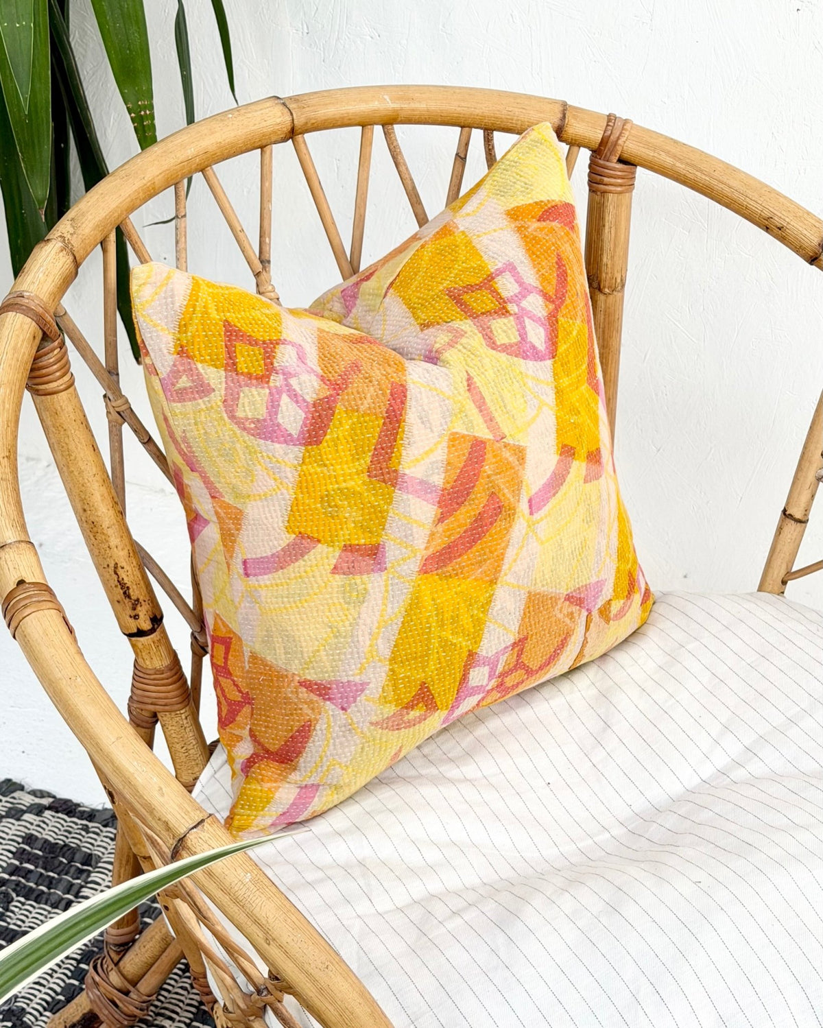Handmade Reversible Vintage Kantha Cushion Cover In Pink and Yellow - 45cm (18") - Biggs & Hill