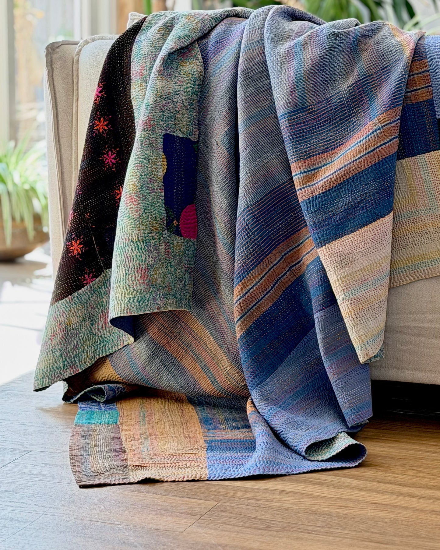 Vintage Embroidered Ralli Quilt in Black and Blue