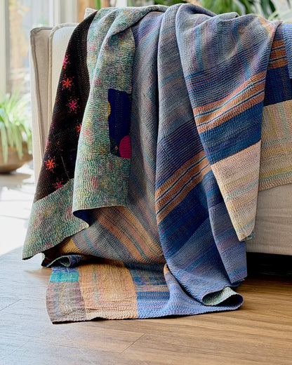 Vintage Embroidered Ralli Quilt in Black and Blue