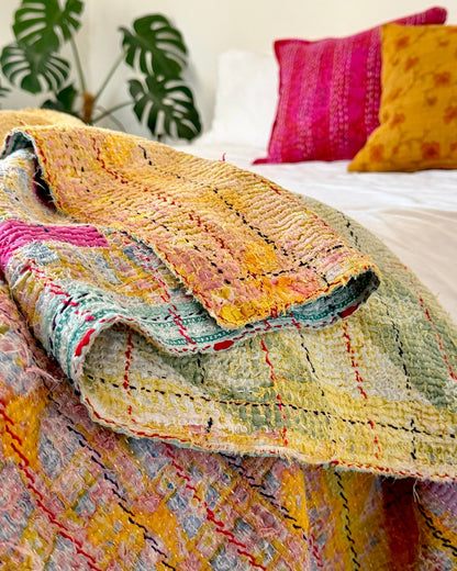 Large Textured Vintage Kantha Quilt In Abstract Pink, Purple and Yellow - Biggs & Hill