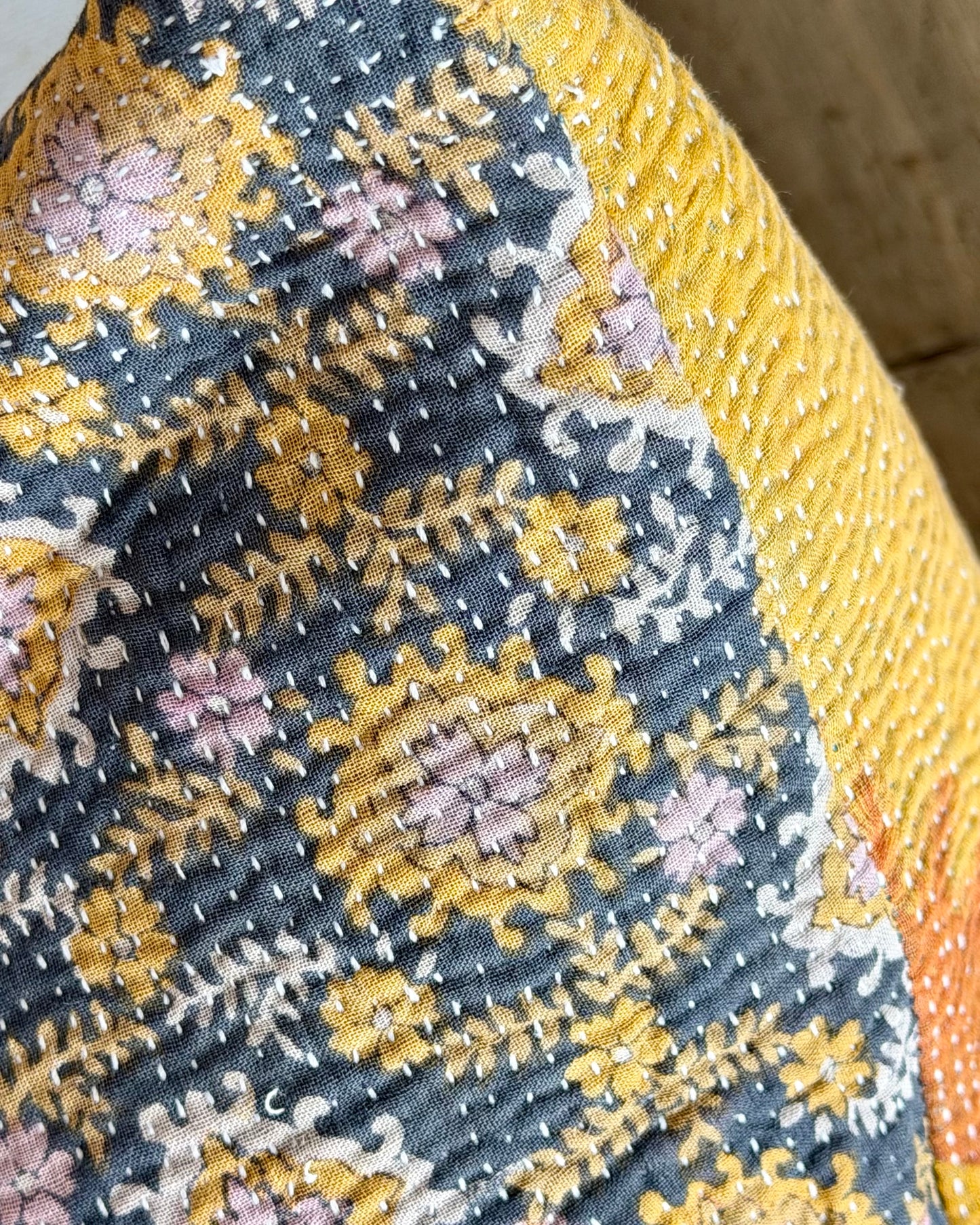 Vintage Kantha Cushion In Yellow and Blue - 45cm Square