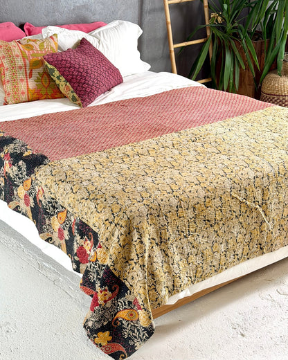 Fine Stitched Vintage Kantha Quilt in Peachy Pink and Mustard - Biggs & Hill