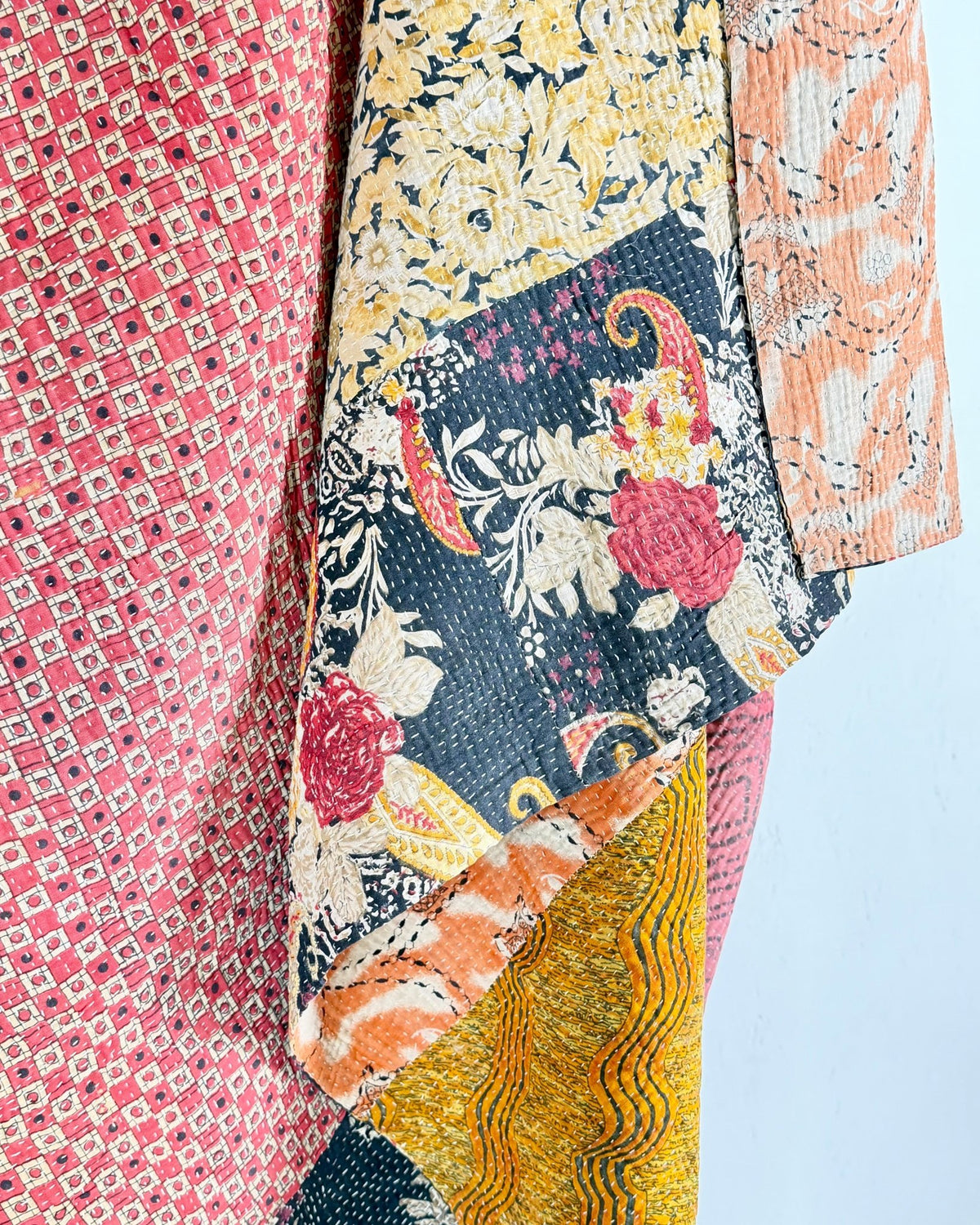 Fine Stitched Vintage Kantha Quilt in Peachy Pink and Mustard - Biggs & Hill