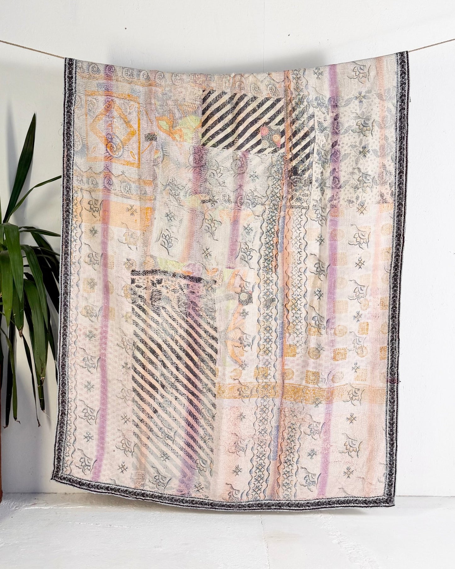Textured Vintage Kantha Quilt in Pastel Floral with Grey Stripes - Biggs & Hill