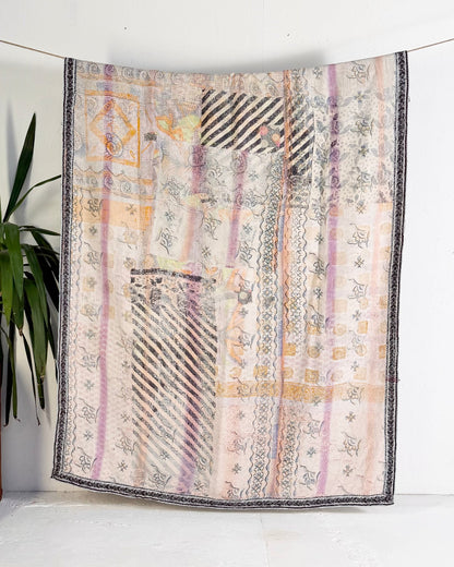 Textured Vintage Kantha Quilt in Pastel Floral with Grey Stripes - Biggs & Hill